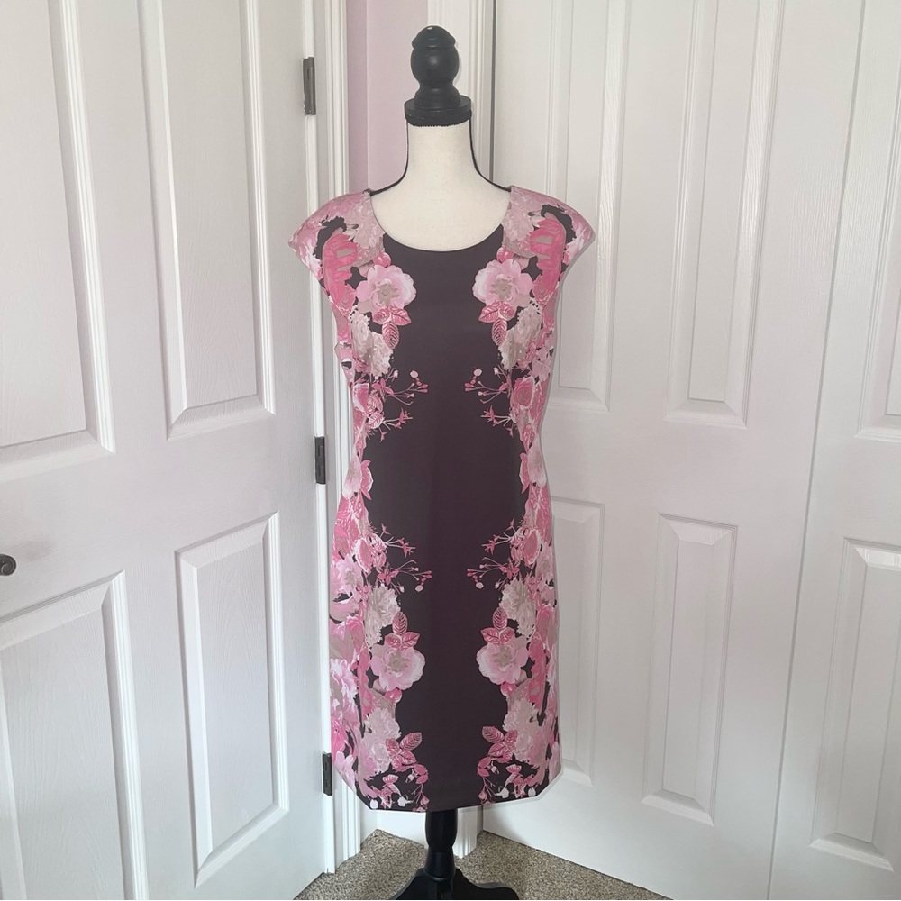 INC brown & pink floral summer business casual  sleeveless dress, size large
